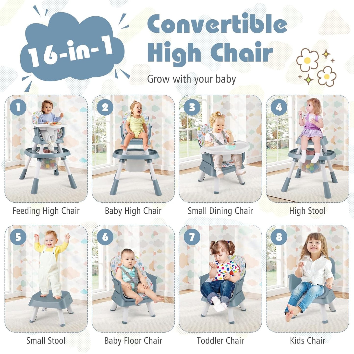 KOTEK 16 in 1 Convertible High Chair, Baby Highchair & Activity Center with Toys, Booster Seat, Building Block Table, Toddler Chair with 5-Point Harness, Removable Tray & Cushion (Blue)