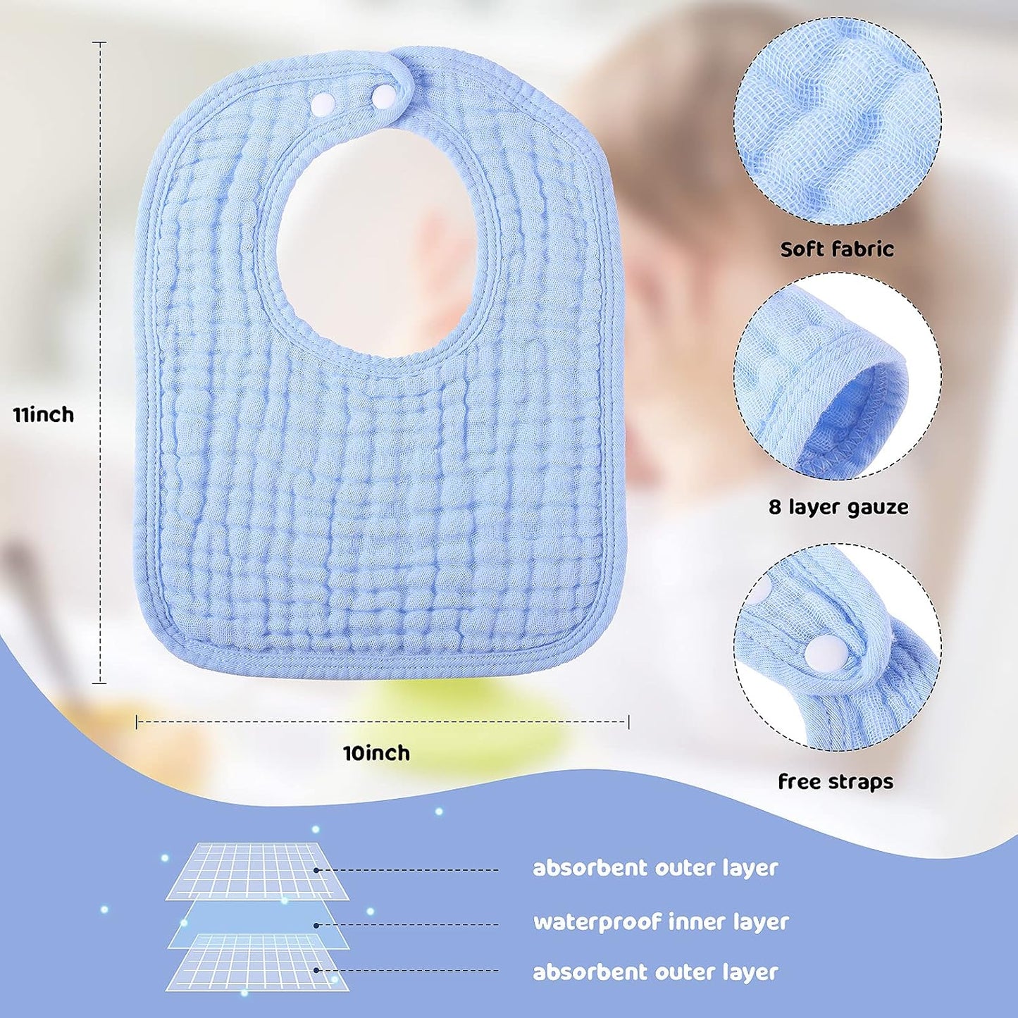 Tatuo 8 Pcs Baby Muslin Bibs & Burp Cloths 6 Absorbent Layer 100% Cotton Unisex Baby Bibs for Drooling and Teething