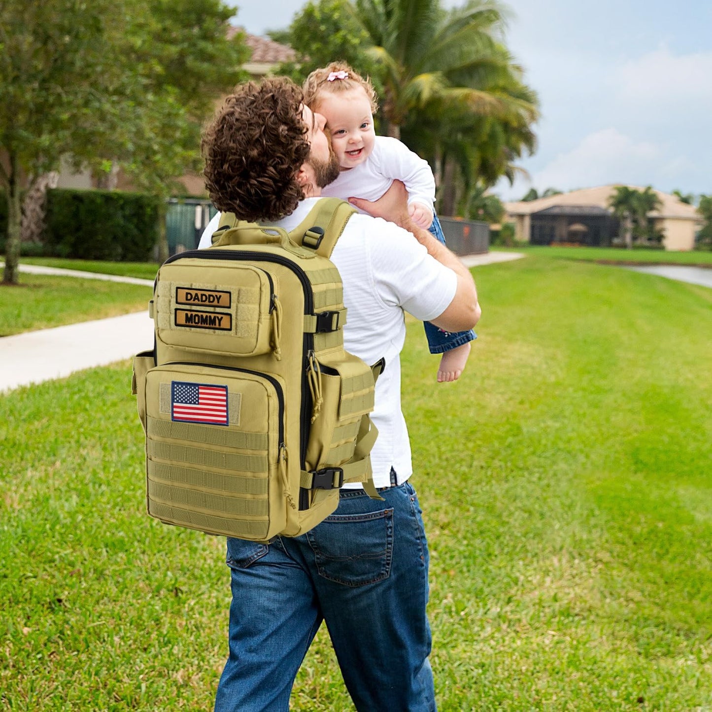 SHARKMOUTH Military Diaper Bag for Baby - Large Baby Backpack with Changing Pad for Boy Girl - Army Dad Diaper Bag for Hiking Travel Camping Trips Tan