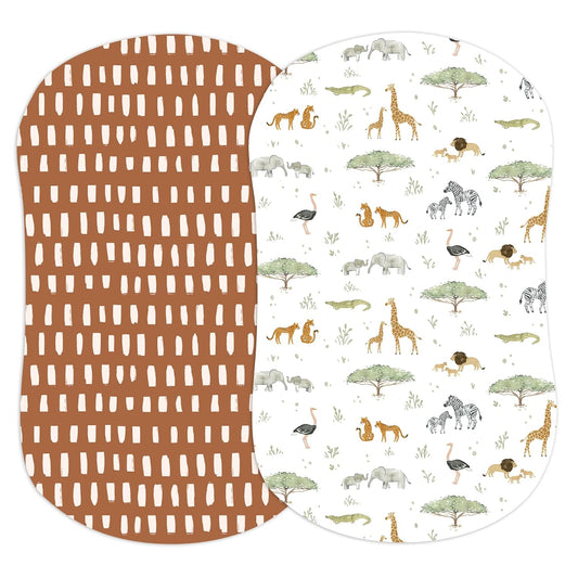 Baby Bassinet Sheets for Boy, Girl (Safari Adventures) 2-Pack - Fitted Bedside Bassinet Sheets - Buttery Soft Cotton Blend for Standard Mattress Pad - Compatible with Halo BassiNest