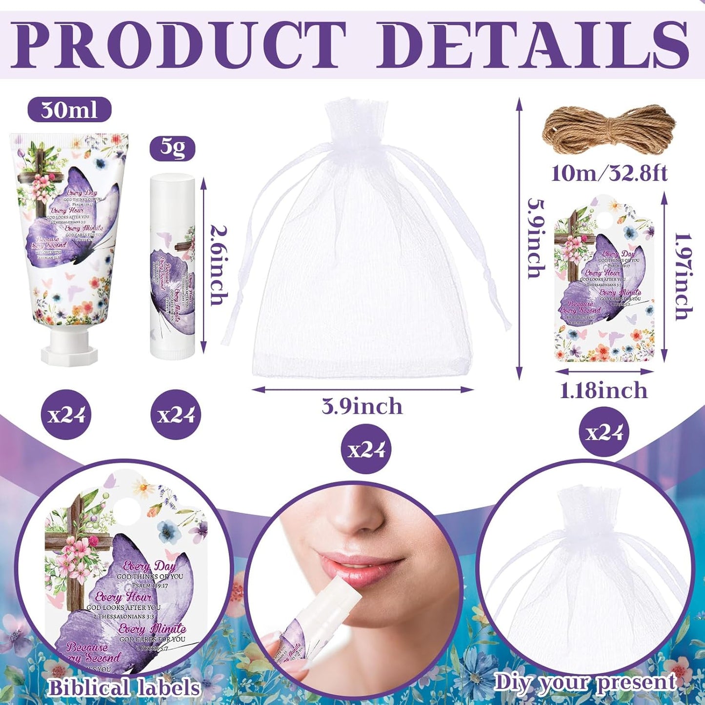 24 Sets Christian Hand Cream and Lip Balm Gift Set Christmas Christian Gift for Women Travel Size Hand Lotion Bible Verse Lip Balm Bulk for Baby Bridal Shower Mom Holiday Gift(Romantic)