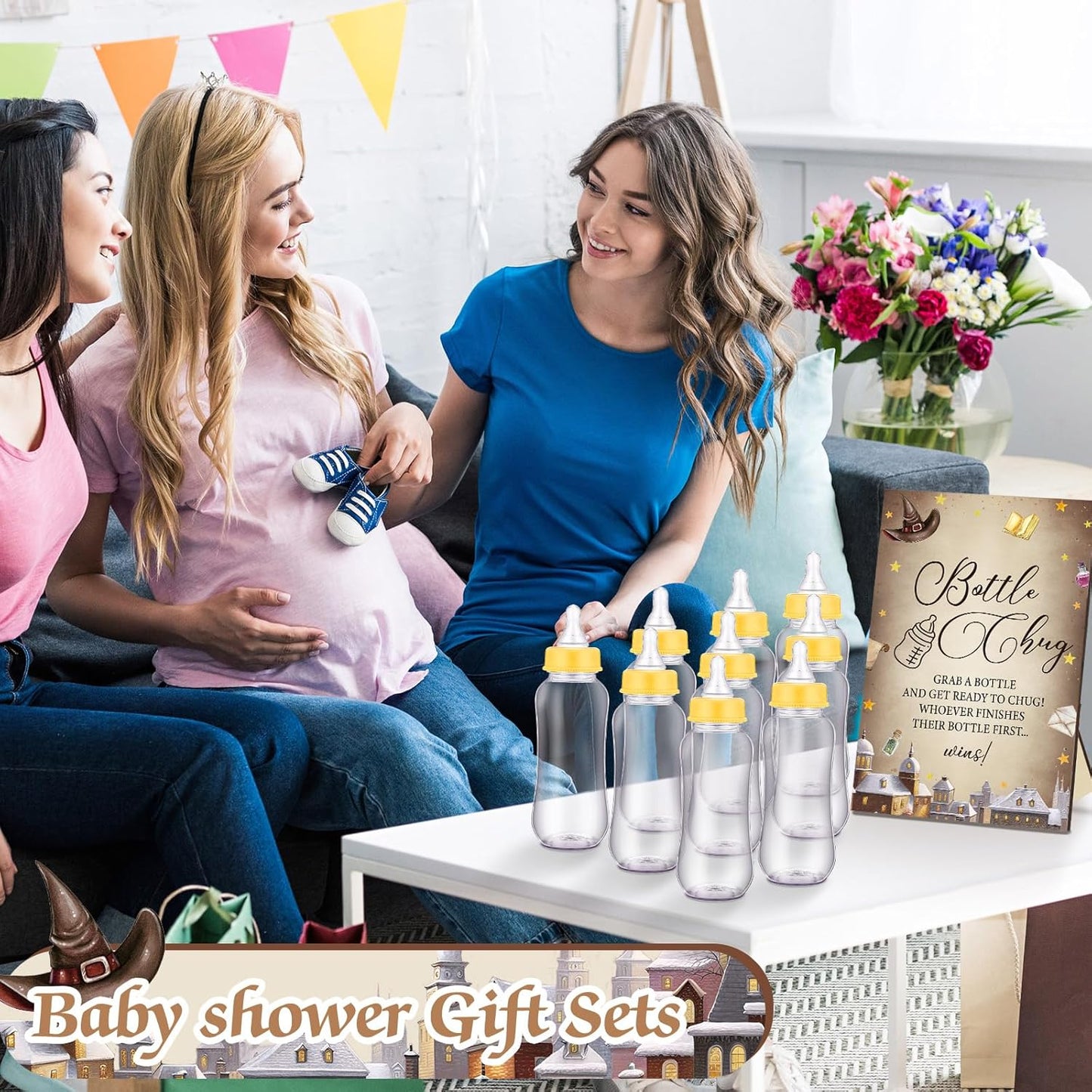TrelaCo Cool Baby Shower Games Bottle Chug Sign and 12 Pcs Baby Bottle Shower Favor for Games Gender Reveal(Dark Color,Magical Wizard)