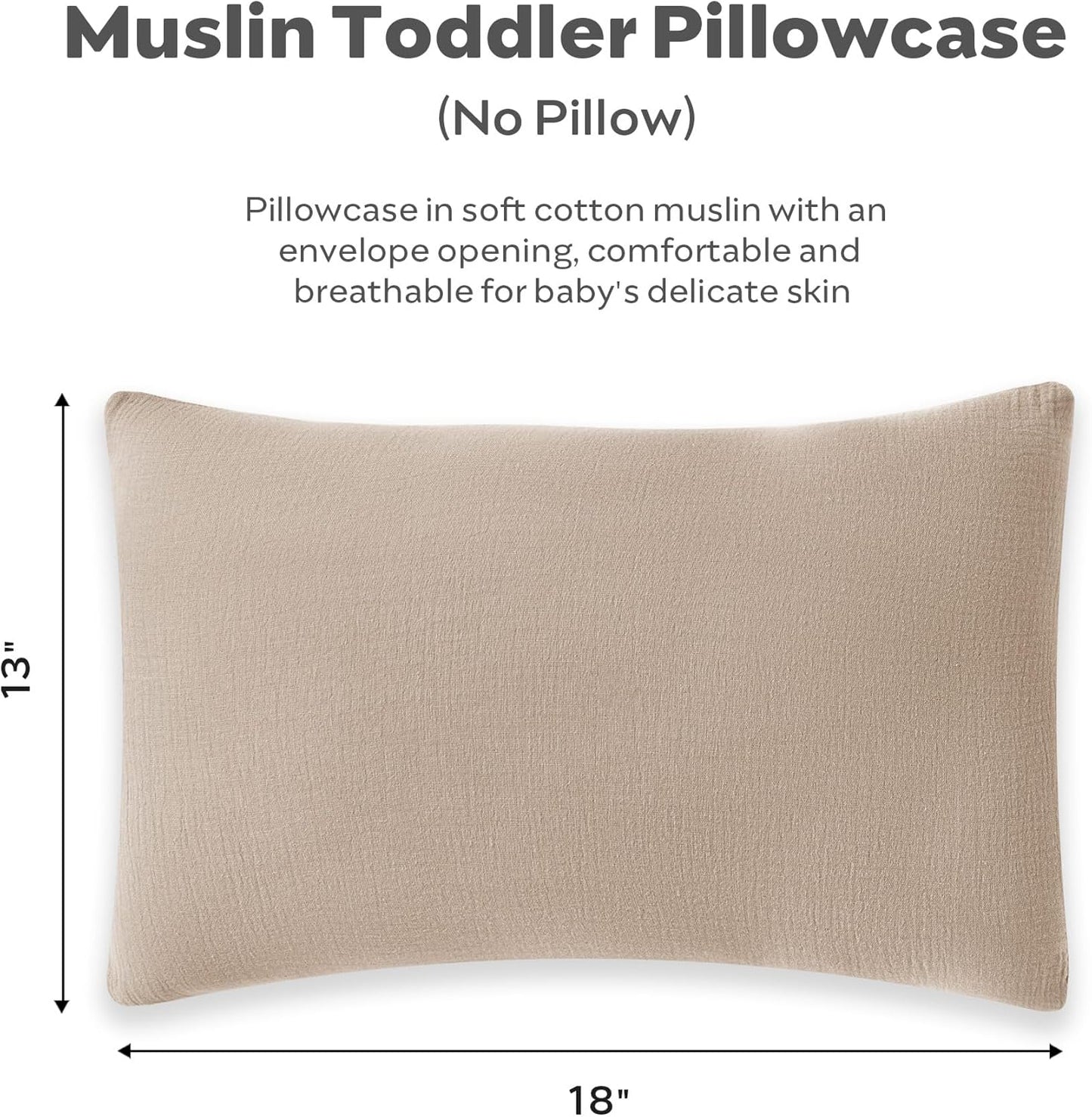 JELLYMONI 2 Pack Muslin Toddler Pillowcase for 13x18 Pillow, 100% Cotton Baby Pillow Case Cover for Bed, Toddler Cot and Travel, Soft & Breathable Baby Kids Envelope Pillowcase, No Pillow