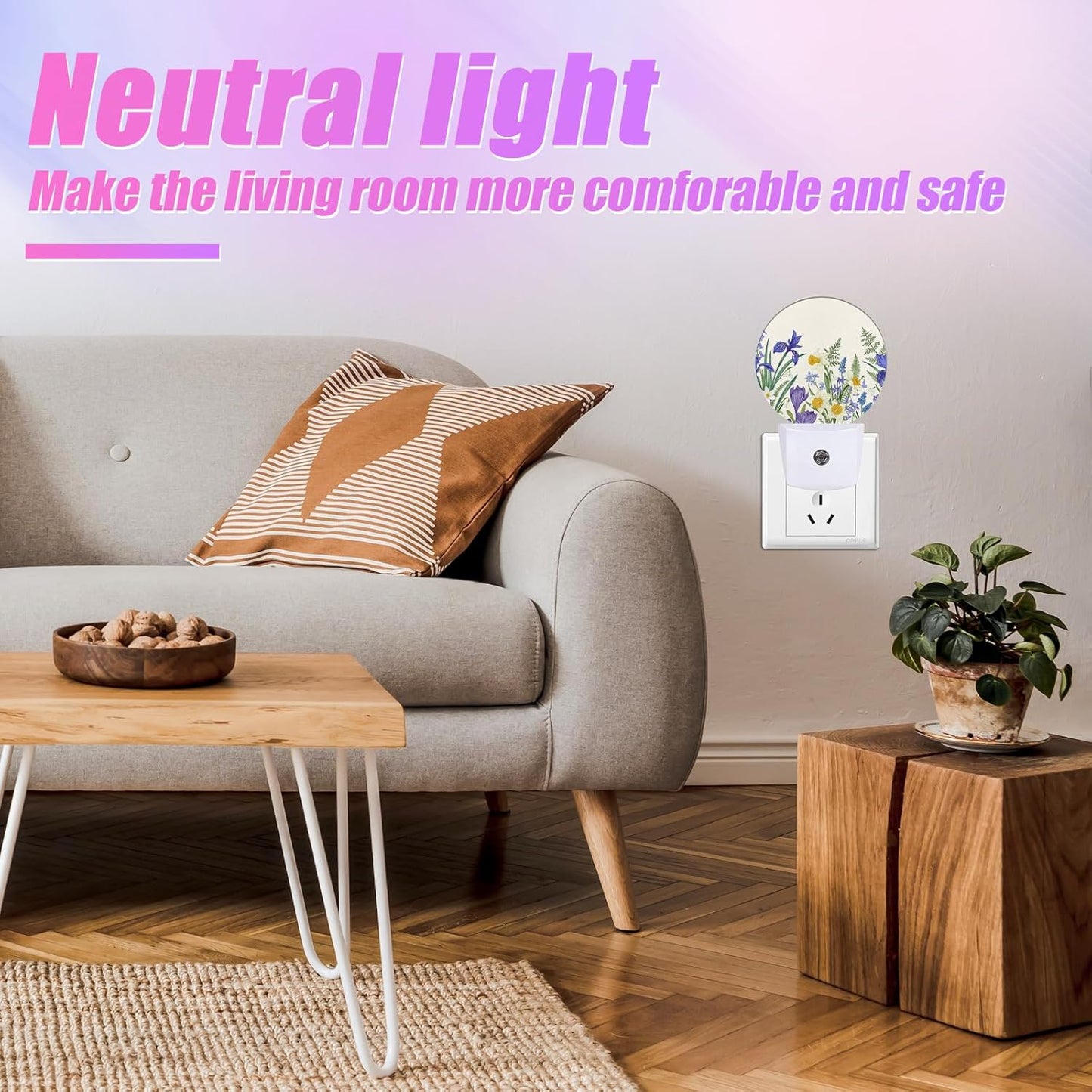 Wildflowers Night Light Spring Floral Night Lights LED Lamp Round Plug into Wall Nightlight with Dusk to Dawn Sensor Home Hallway Stairway Kitchen Decor