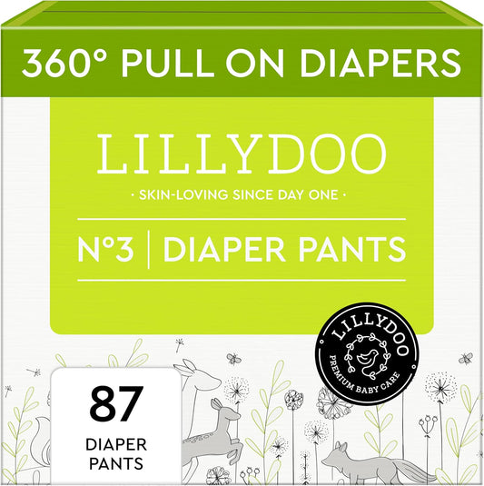 LILLYDOO Diaper Pants Toddlers - Size 3 (13-22 lbs), Half-Monthly Supply (87 Count), Skin-Friendly, Ultrasoft, Chlorine-Free, Snug Fit & Absorbent Pull On Diapers