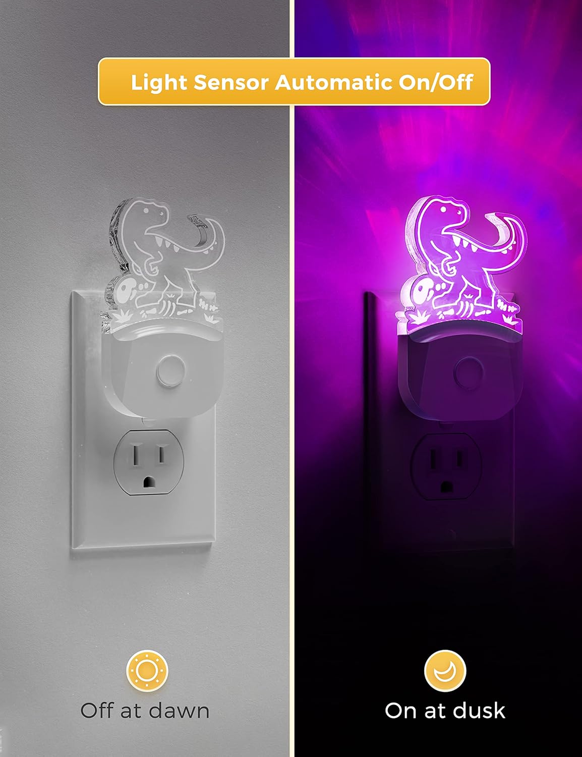 LOHAS Dinosaur Night Light for Boys, Kids Nightlight Plug in, Dusk-to-Dawn, Velociraptor LED Night Lights Plug into Wall, RGB+Soft White 3000K, 3 Lighting Modes, Ideal for Nursery Room, Bedroom Decor