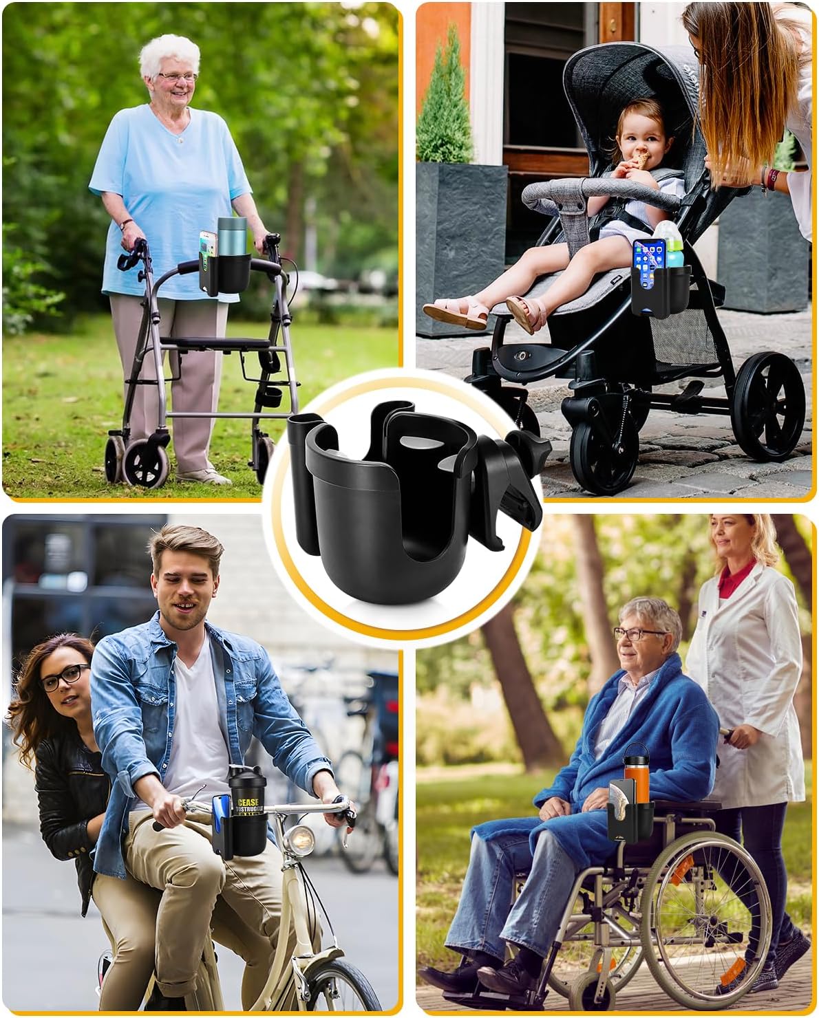 Universal Stroller Cup Holder with Mobile Phone Case, 2-in-1 Strollers Storage Rack, 360 Degrees Rotation Drink Holder for Bike, Pushchair, Wheelchair, Walker,Bicycle, Fits Most Cups