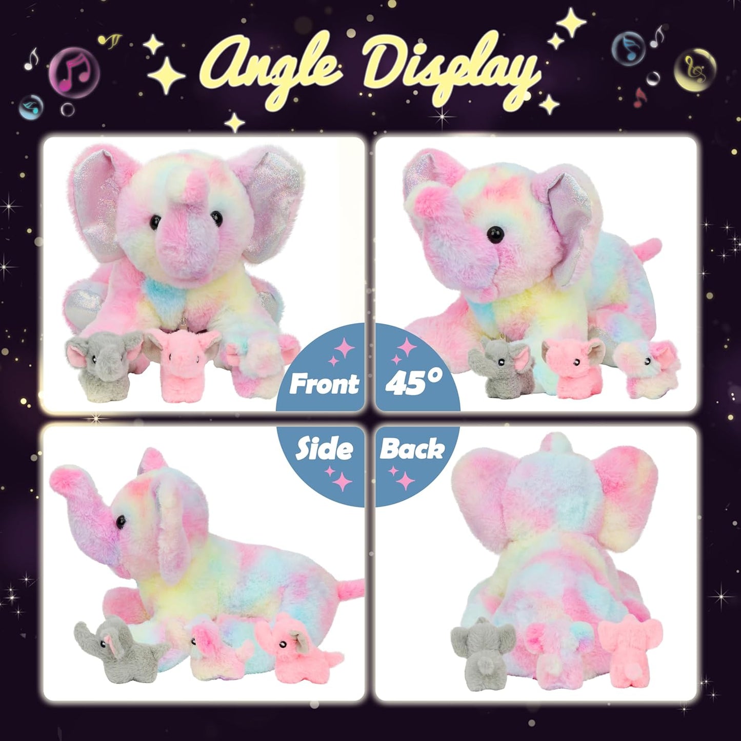 Hopearl LED Musical Stuffed Colorful Elephant Light up Singing Plush Toy Playset Mommy Elephant with 3 Baby Elephish in her Tummy Adjustable Volume Lullaby Animated Soothe Gifts for Kids, 18''