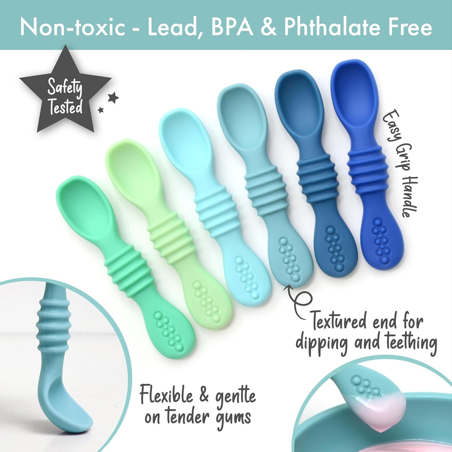 PrimaStella Silicone Chew Spoon Set for Babies and Toddlers - Safety Tested - BPA Free - Microwave, Dishwasher and Freezer Safe - Seaside Palette