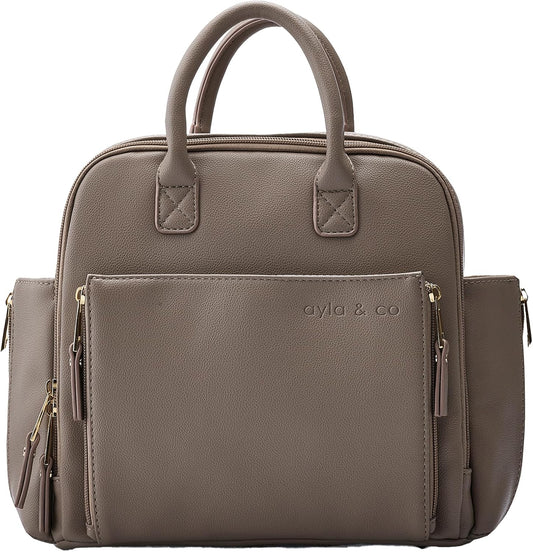 Ayla & Co Mini Bag, Transitional Minimal Diaper Bag, Vegan Leather, with Expandable Pockets, Built-In Wallet, Organizer