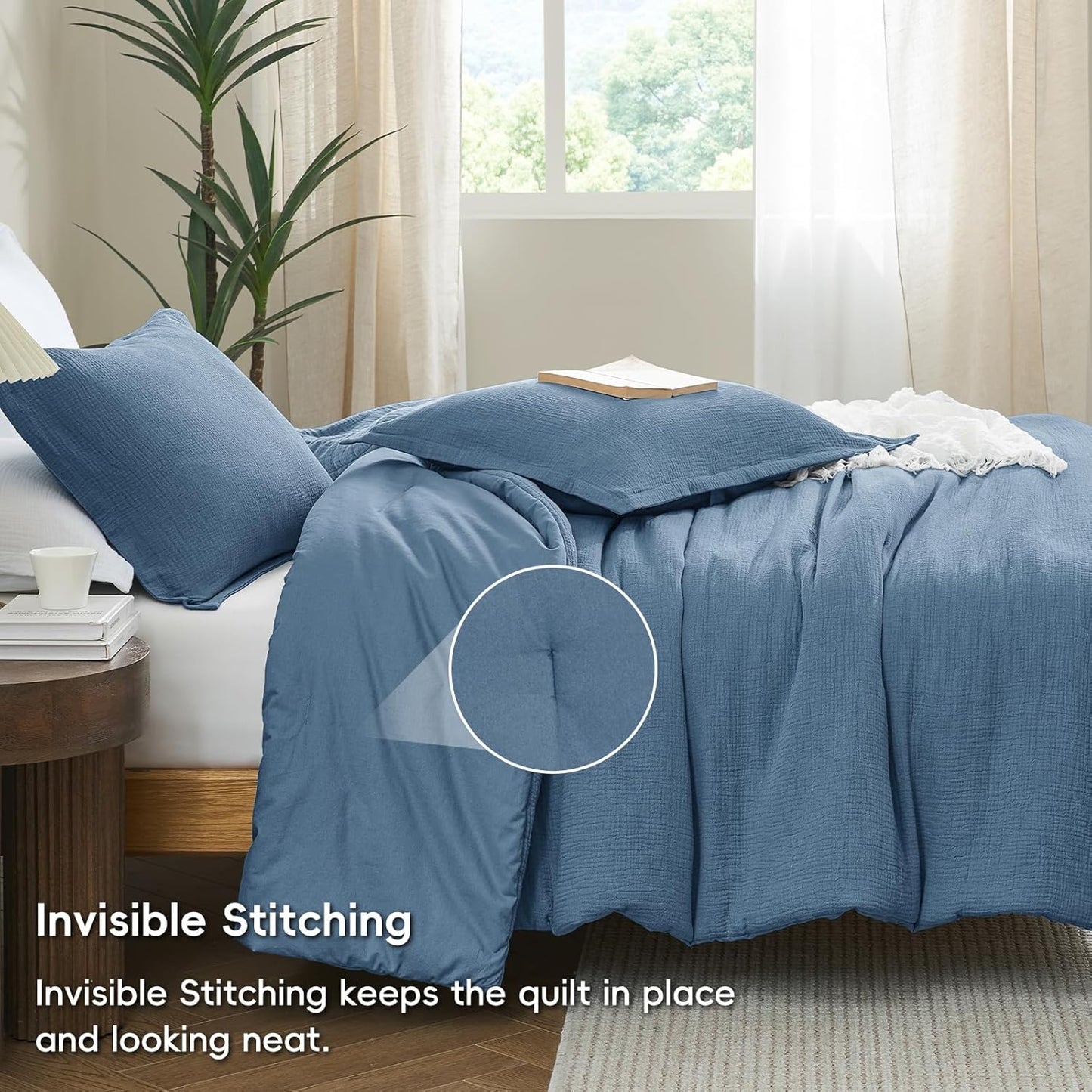 PHF Cotton Muslin Comforter Set Queen Size – Ultra Soft, Breathable & Lightweight Bedding Set for All Seasons, 3 Pieces - 1 Comfy Comforter 90"x90", 2 Pillow Shams 20"x26", Captain's Blue