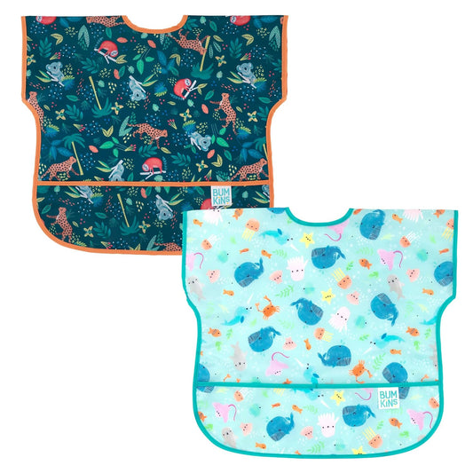 Bumkins - Junior Bib - For Boys & Girls, Toddlers & Kids 1-3 Years - Lightweight, Durable, Waterproof - Short Sleeve Bib - Catch-All Pocket - Wipeable & Machine Washable - Jungle & Ocean - 2 Pack