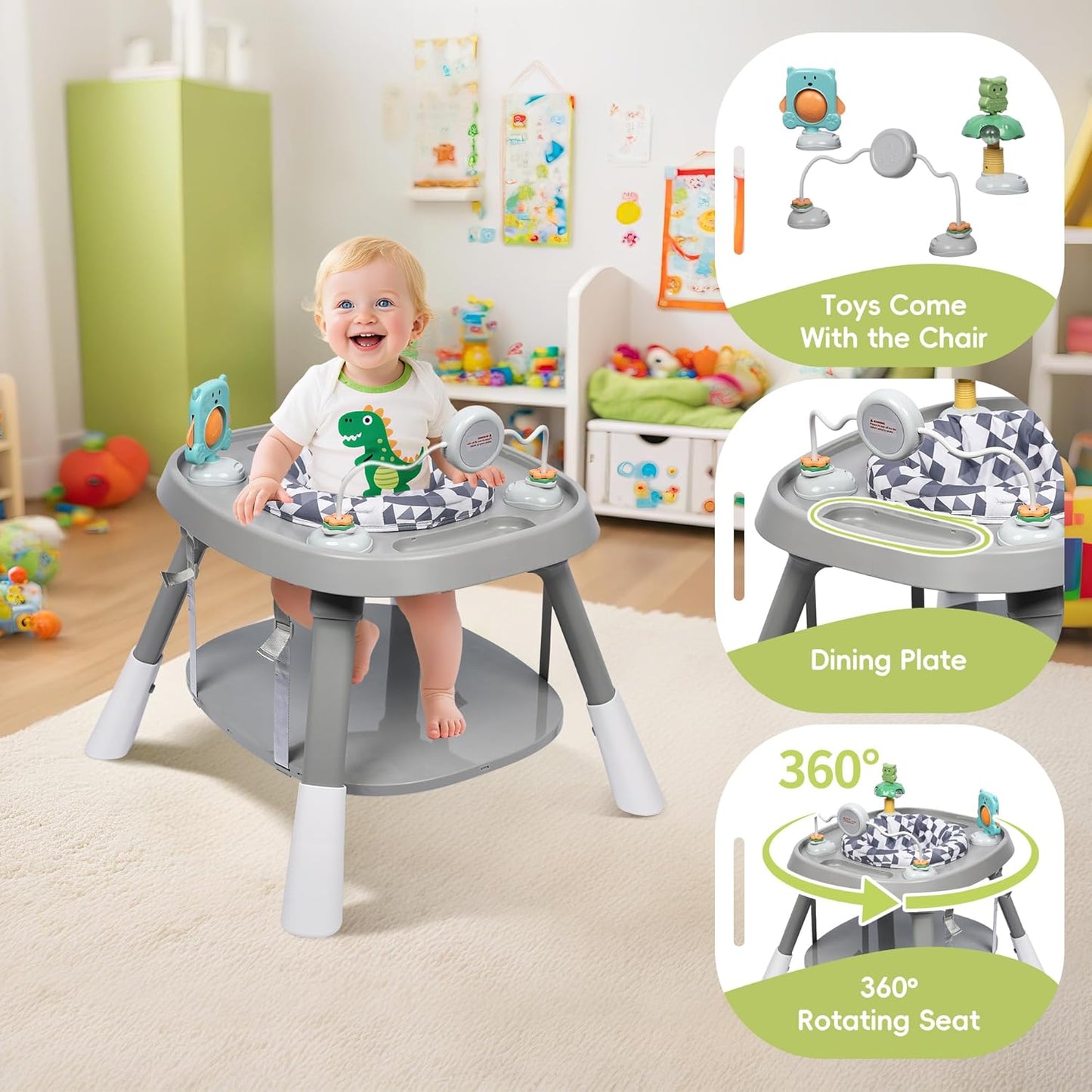 15 in 1 Convertiable High Chair for Babies and Toddlers, 2 in 1 Highchair & Activity Center w/Toys, Booster Seat, Toddler Chair w/5-Point Harness & Removable Tray & 2-Layer Cusion (Grey)