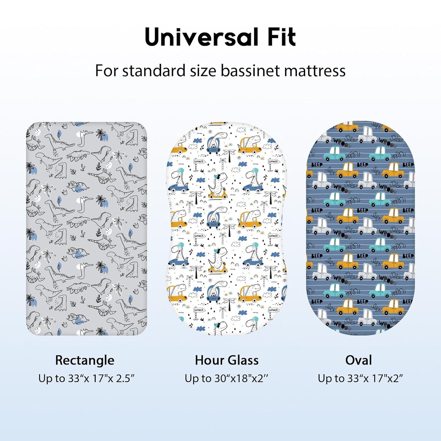 Baby Bassinet Sheets Girl Boy, Fitted Bassinet Sheet Set 3 Pack Bassinet Mattress Sheets Universal Fit for Rectangle, Round, Oval, Hourglass Mattress, Soft Breathable Grey & Blue Car