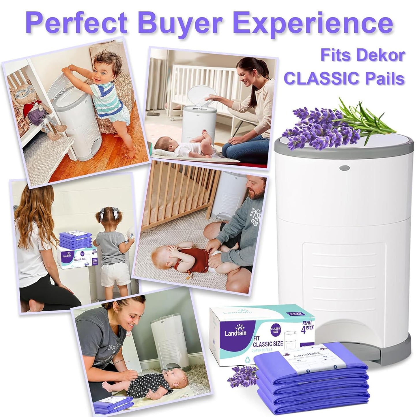 Refills Only Compatible with Dekor Classic Diaper Pail Refills|4 Pack for 2772 Diapers(Extra 40% Lengths)Diaper Pail Bags with Extra 30% Thickness Powerful Odor Eliminate Lavender Scent for Baby/Adult