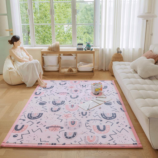 Loartee Rainbow Kids Play Mat - 1" Thick Baby Nursery Rug, Soft Crawling for Toddlers, Coral Velvet Memory Foam Tummy Time, Pink, 59"x59"