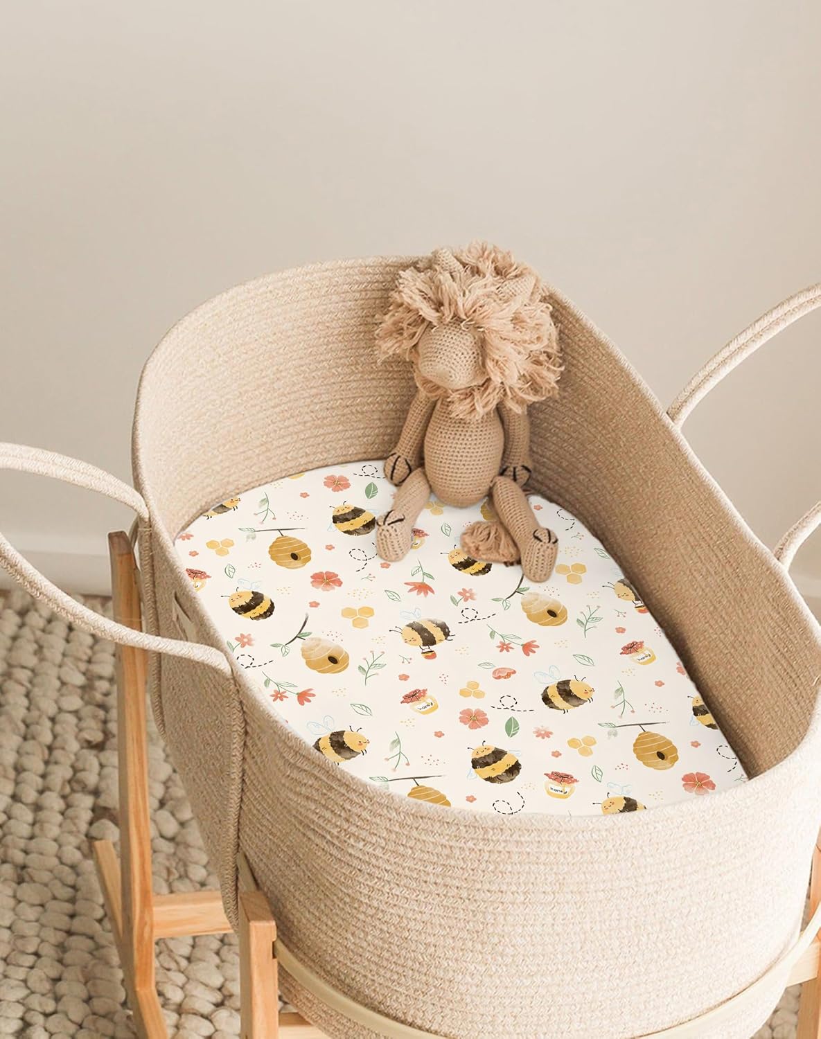 Bassinet Sheets for Baby Girls Boys 2 Pack, Fitted Baby Mattress Sheet for Rectangle, Oval, Hourglass Bassinet Mattress, Breathable Cozy & Universal Fit (Bee Happy)