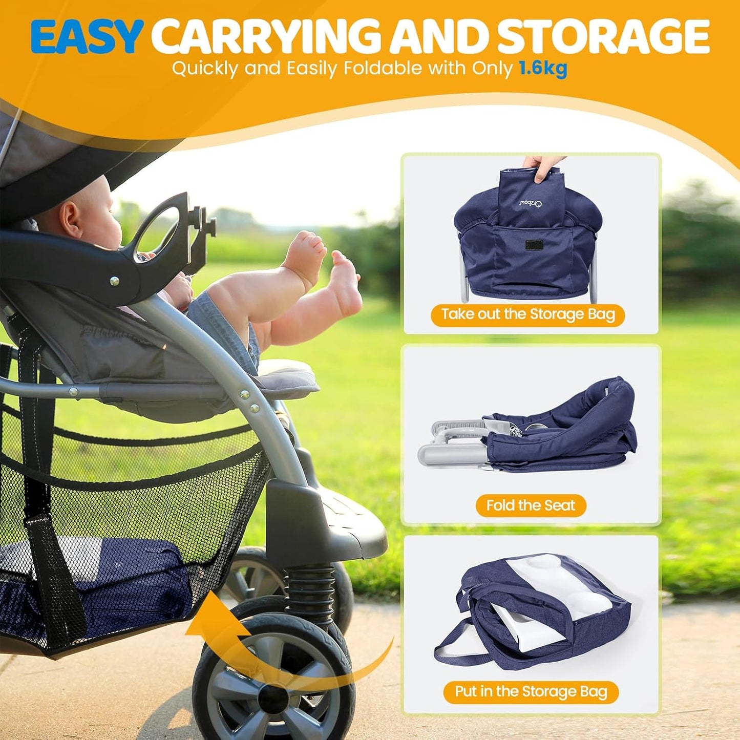 Orzbow Hook On High Chair with Removable Dining Tray, Folding Portable High Chair with Storage Bags, Baby Table Booster Seat, Easy Clip on Table Feeding HighChair for Travel, Restaurant and Home, Blue