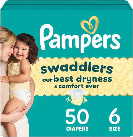 Pampers Swaddlers Diapers, Size 6 (23-44 lbs), 50 Count, Absorbent, Keeps Baby Dry and Comfortable, Skin Safe Disposable Baby Diaper (Packaging May Vary)