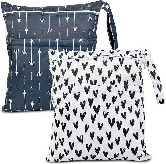 2pcs Cloth Diaper Wet Dry Bags Waterproof Reusable with Two Zippered Pockets Travel Beach Pool Daycare Soiled Baby Items Yoga Gym Bag for Swimsuits or Wet Clothes-Black Hearts