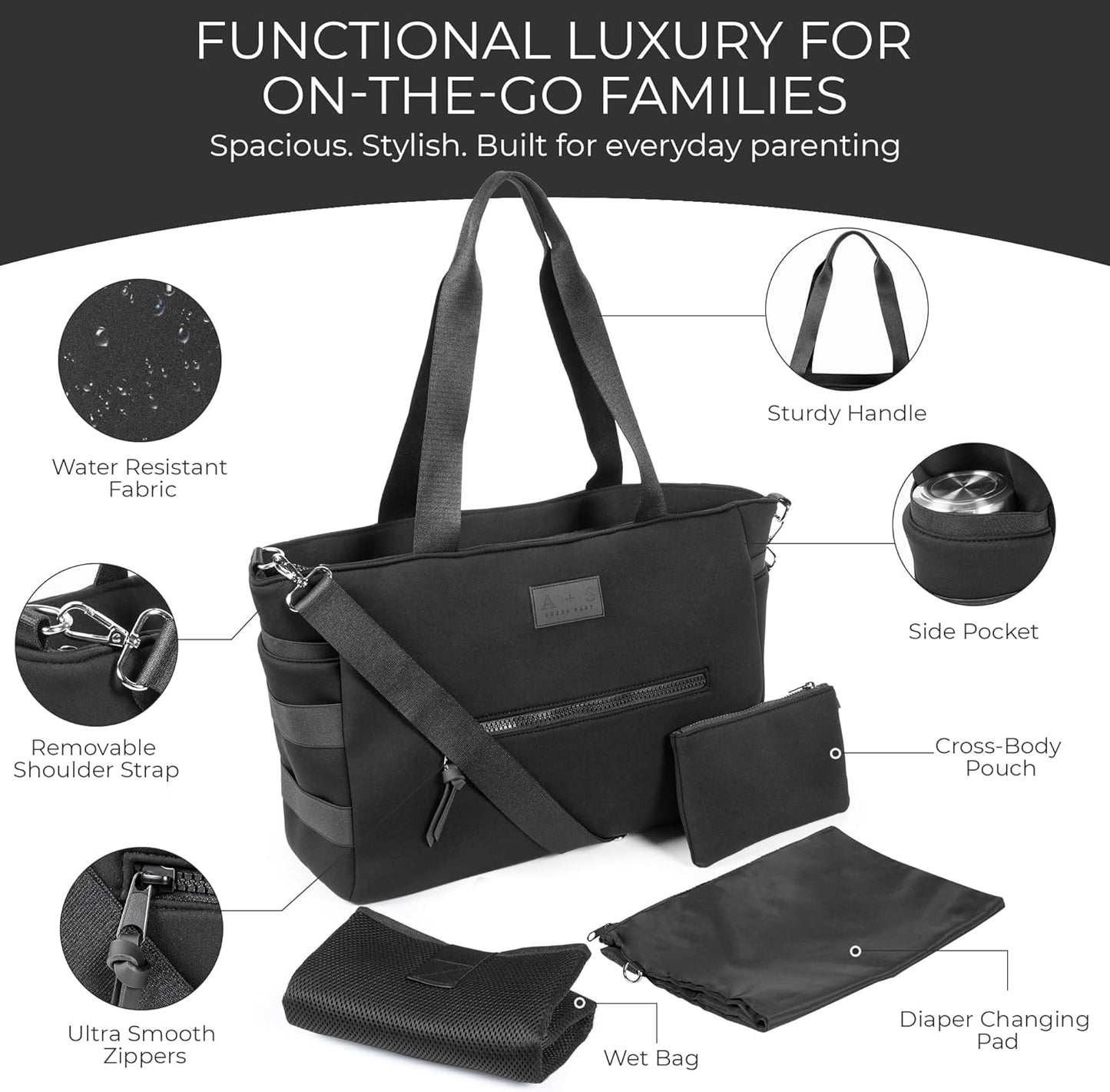 A + S Luxxe Diaper Bag Tote – Stylish, Large Baby Bag with Stroller Straps, Insulated Pockets, Changing Mat & Waterproof