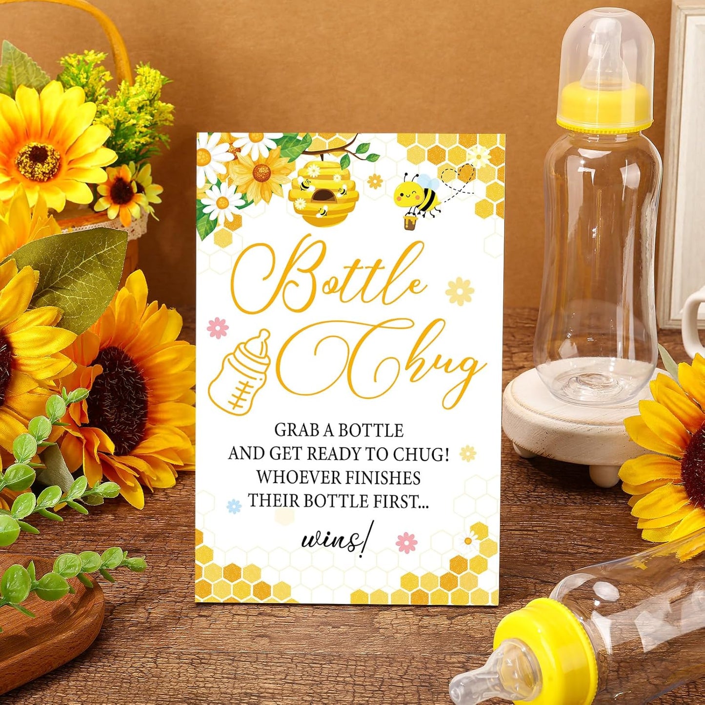 TrelaCo Cool Baby Shower Games Wooden Bottle Chug Sign Bee Theme Gift Sets and 12 Pcs Baby Bottle Shower Favor for Honeycomb Bee Games Gender Reveal