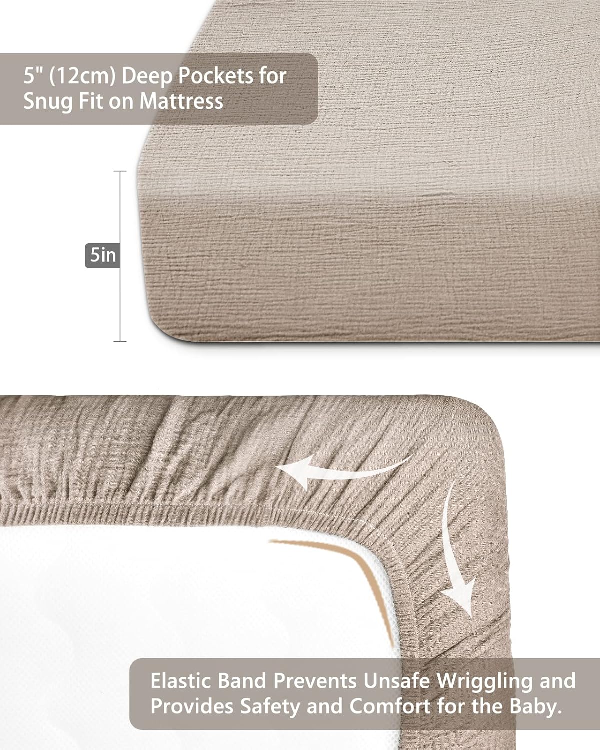 Mini Crib Sheets for Baby, Fitted Pack N Play Mattress and Mini Cribs 24" x 38", Neutral Muslin Cotton Mini Crib Mattress Sheet with Boho Style, Soft and Breathable Comfort (Beige)