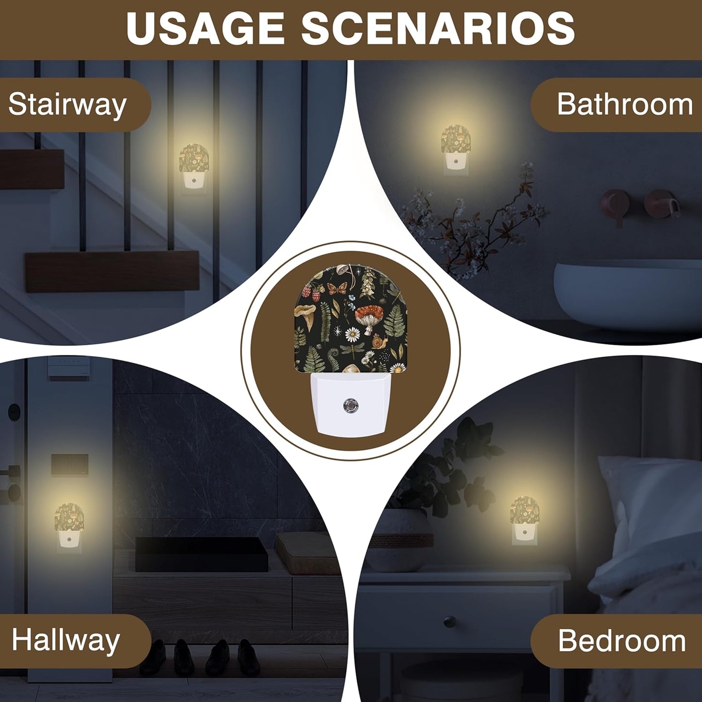 Night Lights Plug into Wall Nature Woodland Mushroom Forest Plants Night Light Dusk to Dawn Smart Sensor Decorative Round Led Lamp for Bedroom Kitchen Hallway Nightlight for Women Men