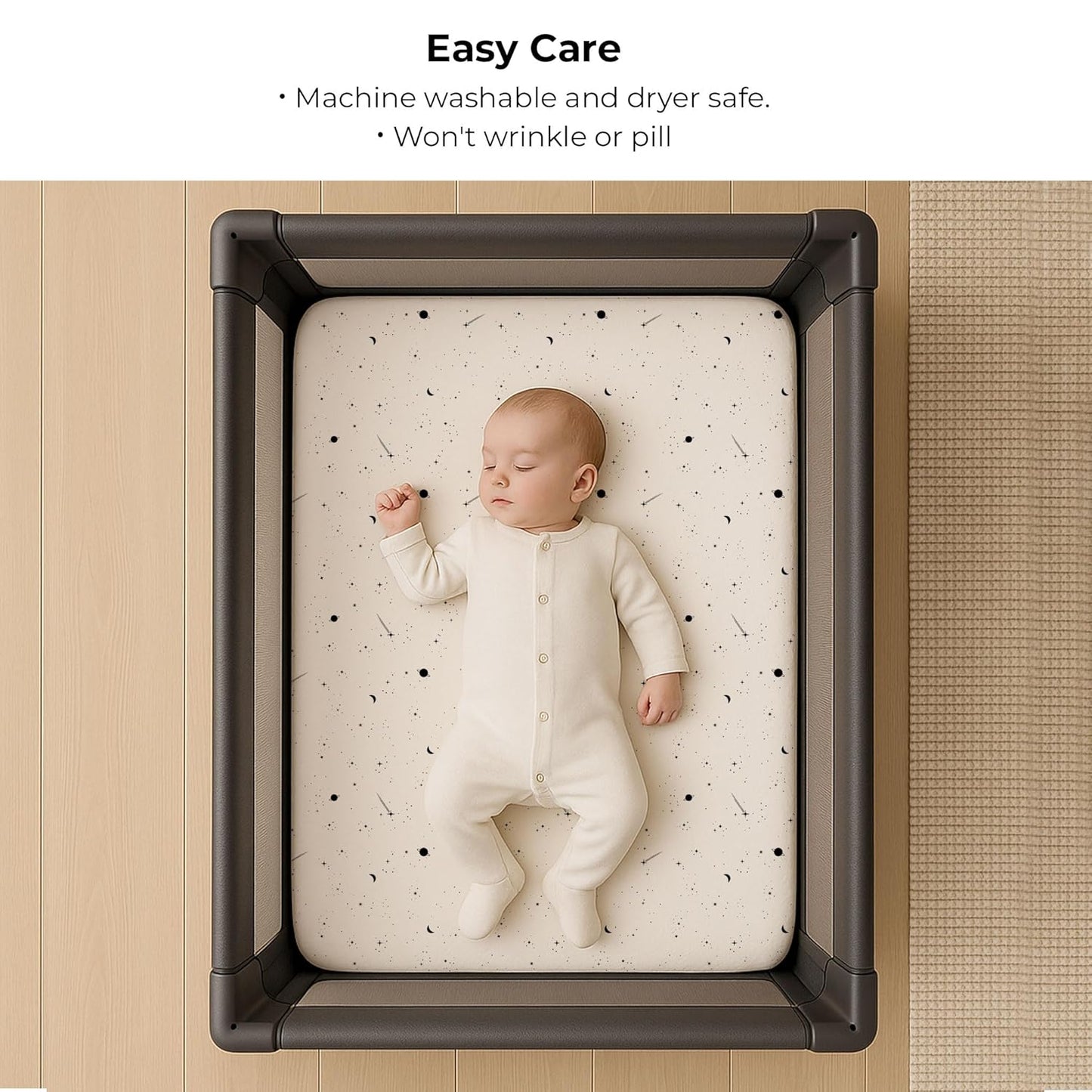 Ely’s & Co. Pack and Play Sheets, for Mini/Portable Crib, 2 Pack Fitted Playpen Play Yard Sheet Set Compatible with Graco Pack n Play, 100% Cotton, Black and White Celestial, 38”x24”x5”
