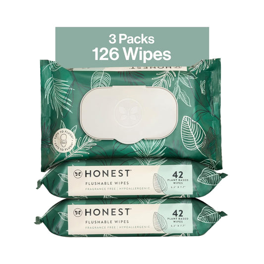 The Honest Company Flushable Wipes for Sensitive Skin, Fragrance-Free Hypoallergenic pH-Balanced Feminine Wipes, 99% Water Safe-to-Flush Wipes, Tropical Leaves, 126 Count