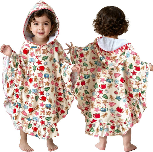 VOOVA & MOVAS Toddler Hooded Towel Poncho with Ruffle Trim | Soft 100% Cotton | Absorbent Thick Towel for Bath, Swim, Beach & Winter | Cozy, Gingersnap