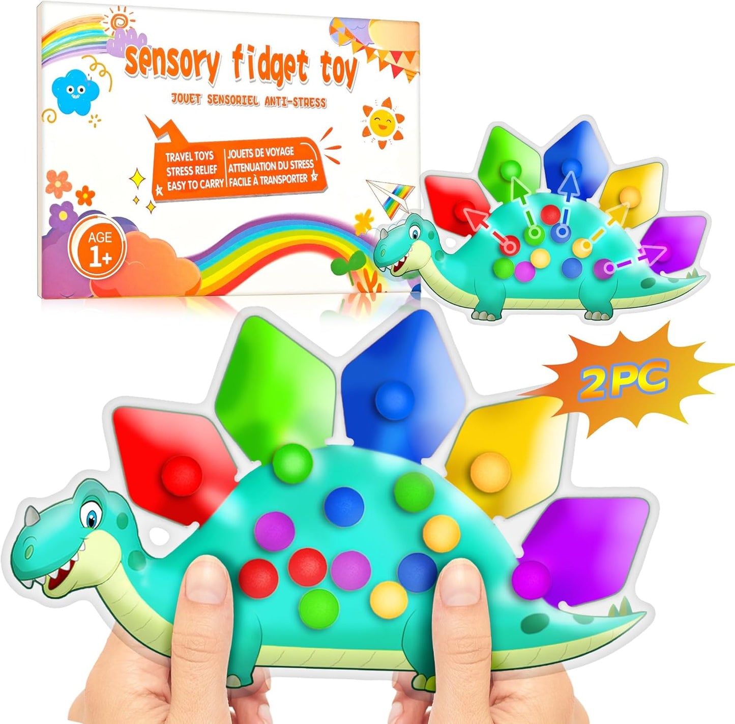 2PC Dinosaur Color Sorting Sensory Toys, Montessori Toys for Toddler Fine Motor Skill Game Learning Activities Quiet Calm Down Fidgets for Classroom Stocking Stuffers for 3 4 5 Year Old Boy Travel Toy