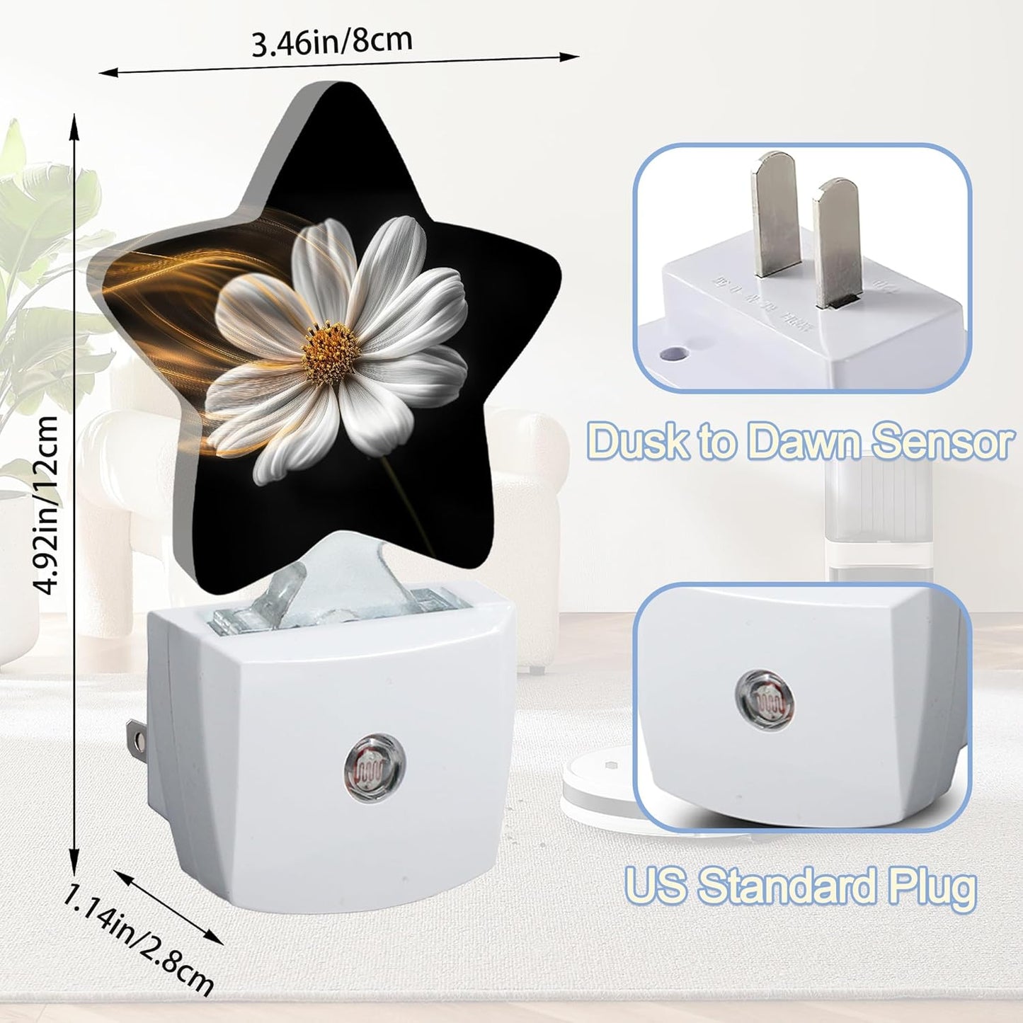 White Daisy Flower Dusk to Dawn Star Night Light,Abstract Floral Smart Sensor Nightlight for Bedroom Kitchen Hallway Stairs,Plug-in Energy Efficient Decor Desk Lamp Women Men Gifts