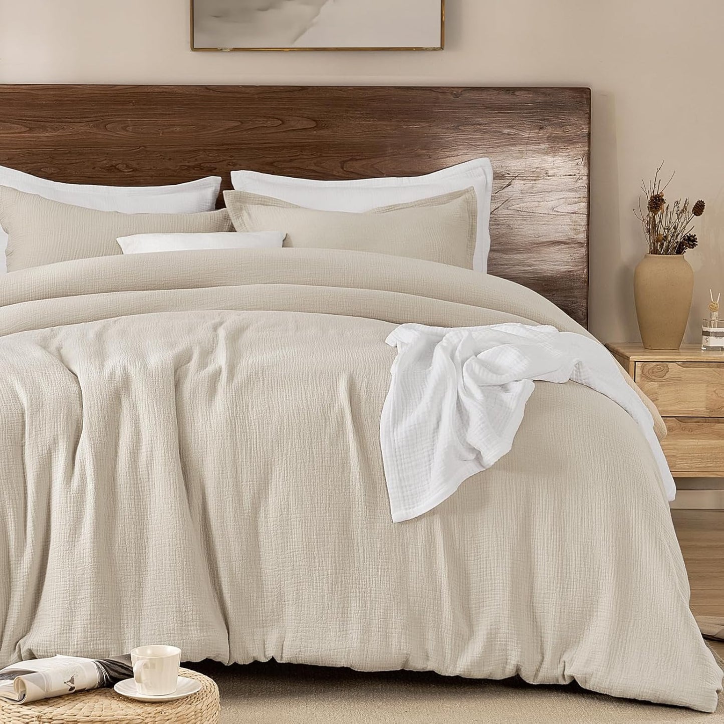 PHF Cotton Muslin Comforter Set Queen Size – Ultra Soft, Breathable & Lightweight Bedding Set for All Seasons, 3 Pieces - 1 Comfy Comforter 90"x90", 2 Pillow Shams 20"x26", Natural