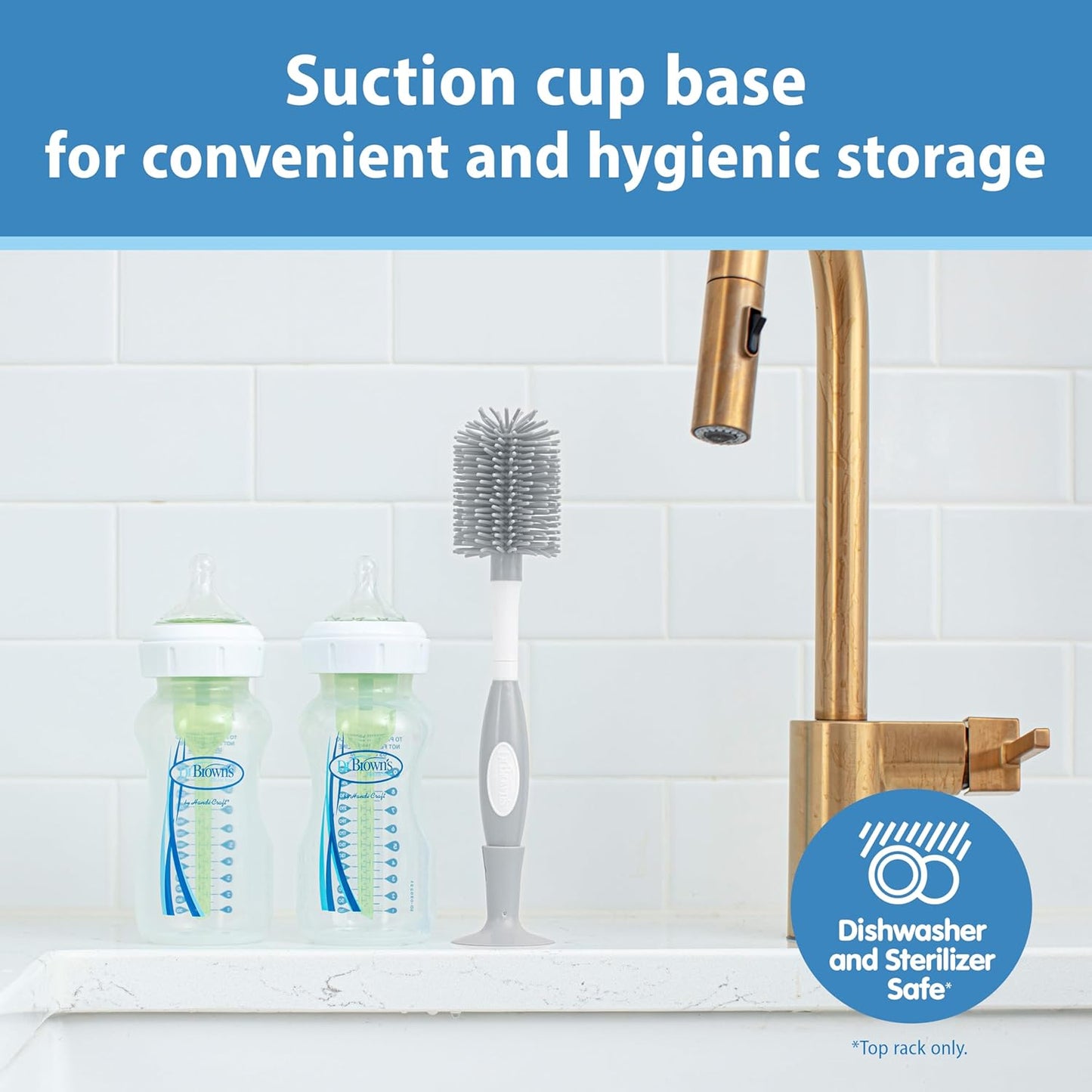 Dr. Brown's Soft Touch No Scratch Baby Bottle Cleaning Brush, Nipple Cleaner & Suction Cup Base for Easy Storage, BPA Free, Gray