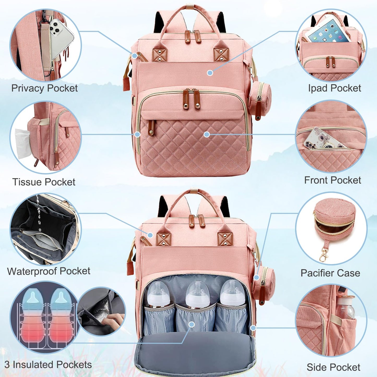 Diaper Bag Backpack Baby Bag, Baby Girl Boy Diaper Bag for Dad Mom with Pad,16 Pockets, Pacifier Case, Large Diaper Bags Unisex for Travel (Orange Pink)