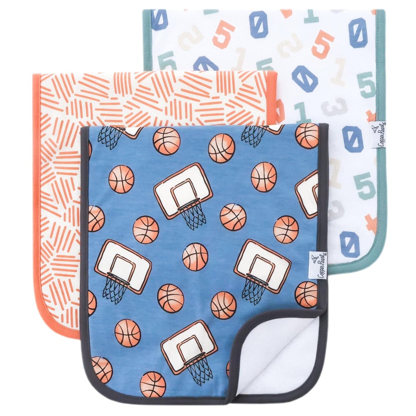 Copper Pearl Premium Baby Burp Cloths - 3-Pack Large Cotton Burp Cloths, Extra Soft Spit Up Rags with 3 Absorbent Layers, Perfect for Baby Boy and Baby Girl Gifts (21" x 10" Size, Dunk Set)