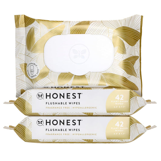 The Honest Company Flushable Wipes for Sensitive Skin, Fragrance-Free Hypoallergenic pH-Balanced Feminine Wipes, 99% Water Safe-to-Flush Wipes, Gilded Wings, 126 Count