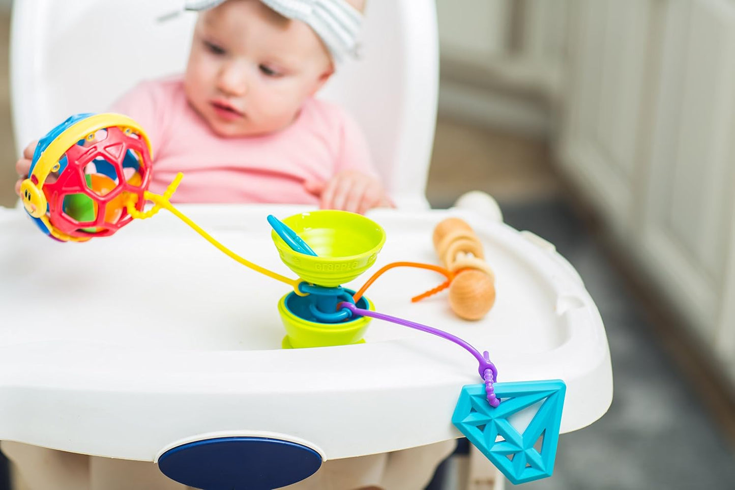 Suction Cup High Chair Toys Holder | 3 Toy Tethers Keep Toys from Falling | Holds Teethers, Snack Cups | for Babies 6-12 Months | Perfect for Travel and Restaurant