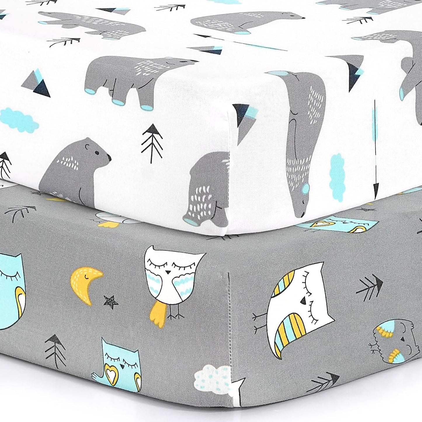 BROLEX Baby Fitted Crib Sheets: Kid Crib Sheets - Set of 2 for Toddler Standard Size Crib Mattress for Boys and Girls - Jersey Knit Crib Bed Sheets Owl Bear