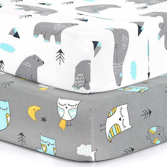 Pack n Play Sheets, BROLEX 2 Pack Mini Crib Sheets,Stretchy Portable Fitted Playard Sheet Set, Convertible Playard Mattress Cover,Ultra Soft Breathable Material,Owl & Bear
