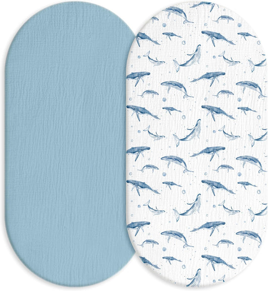 Muslin Bassinet Fitted Sheets, 2 Pack for Baby Boy and Girl, Soft Breathable Baby Pad/Mattress Sheet, Fit for Hourglass Oval and Rectangle Bassinet Mattress (Blue Whale, Bassinet Sheets 2 Pack)