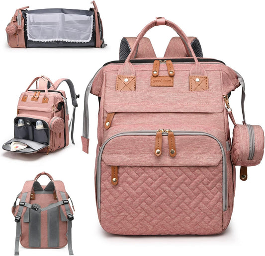 Baby Diaper Bags with Changing Station, Large Capacity Diaper Bag Backpack for Moms Dads with USB Charging Port,Travel Baby Bag with Pacifier Case & Stroller Straps(Up-Pink)