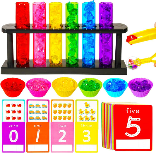 Rileryan 105 Pcs Test Tube Counting and Color Sorting Kit Sensory Bin Table Filler Accessories Fine Motor Skills Color Matching Rainbow Sorting Set with Acrylic Gems Crystals Sorting Bowls Cups Tools
