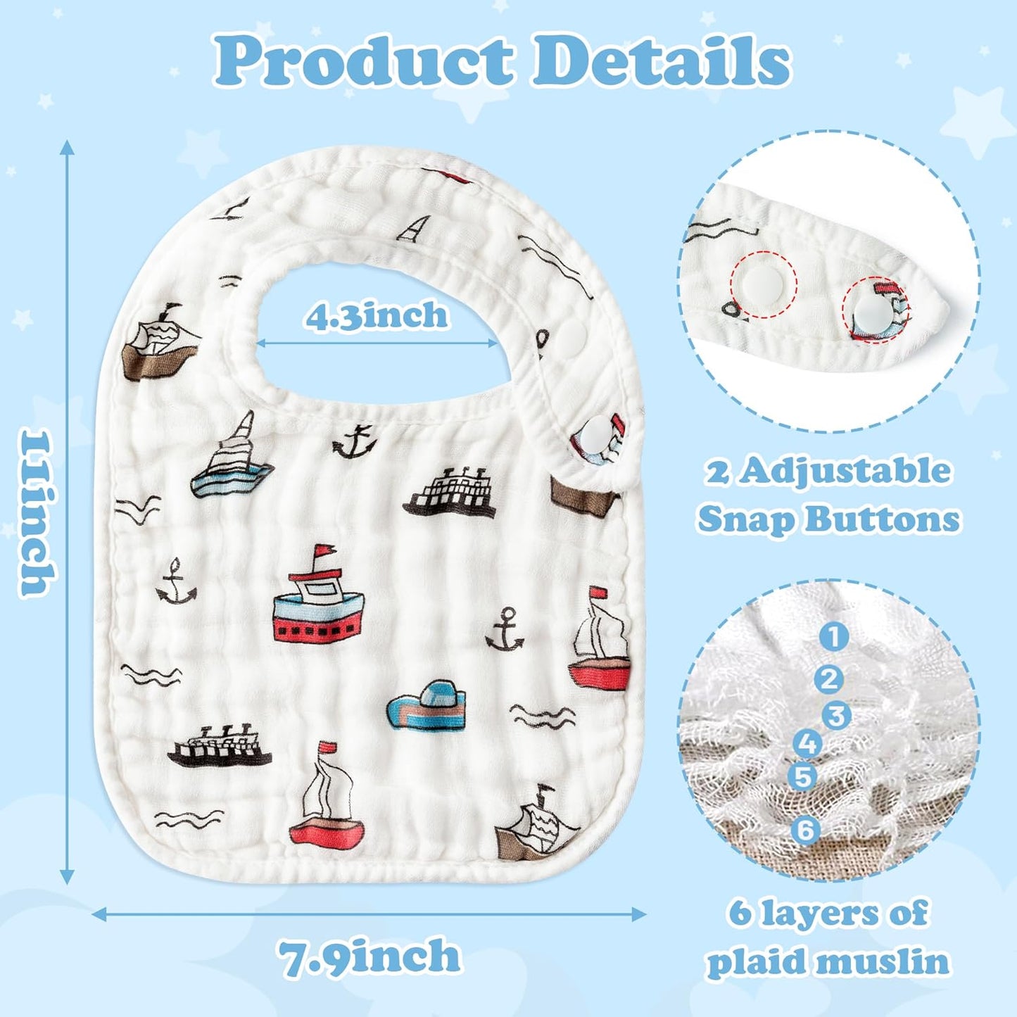 Zainpe 6Pcs Snap Muslin Cotton Baby Bibs Summer Ice Cream Pattern Infants Drool Bib Soft Absorbent Adjustable Burp Cloths Feeding Cloth for Newborns Girls Boys Toddlers Teething Eating 0 to 36 Months