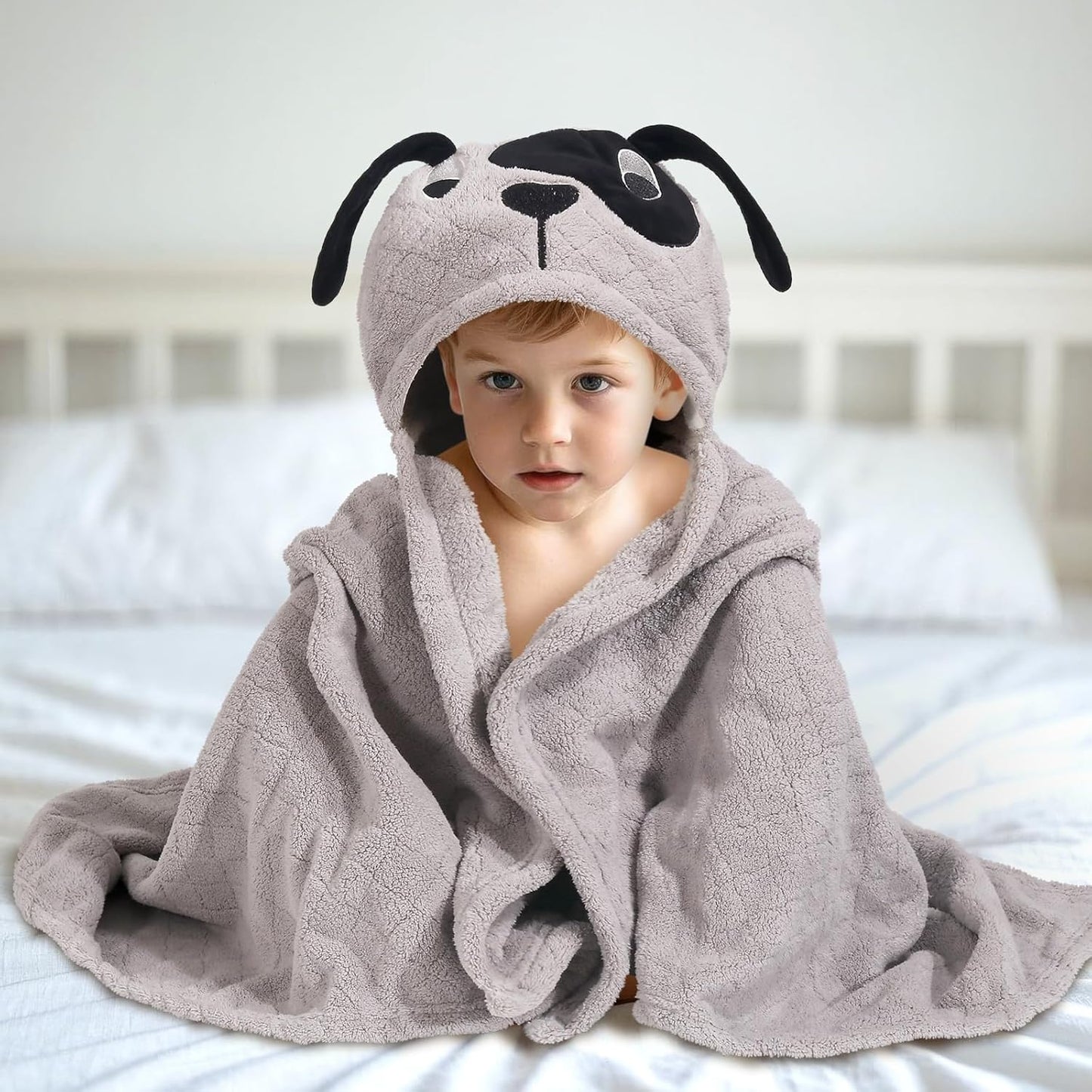 Baby Boy Bath Towels, Animal Hooded Toddler Towel for Boys,50 x 32 Inches,Super Soft Absorbent Premium Coral Fleece Luxuriously Thick for Kids,Grey Puppy