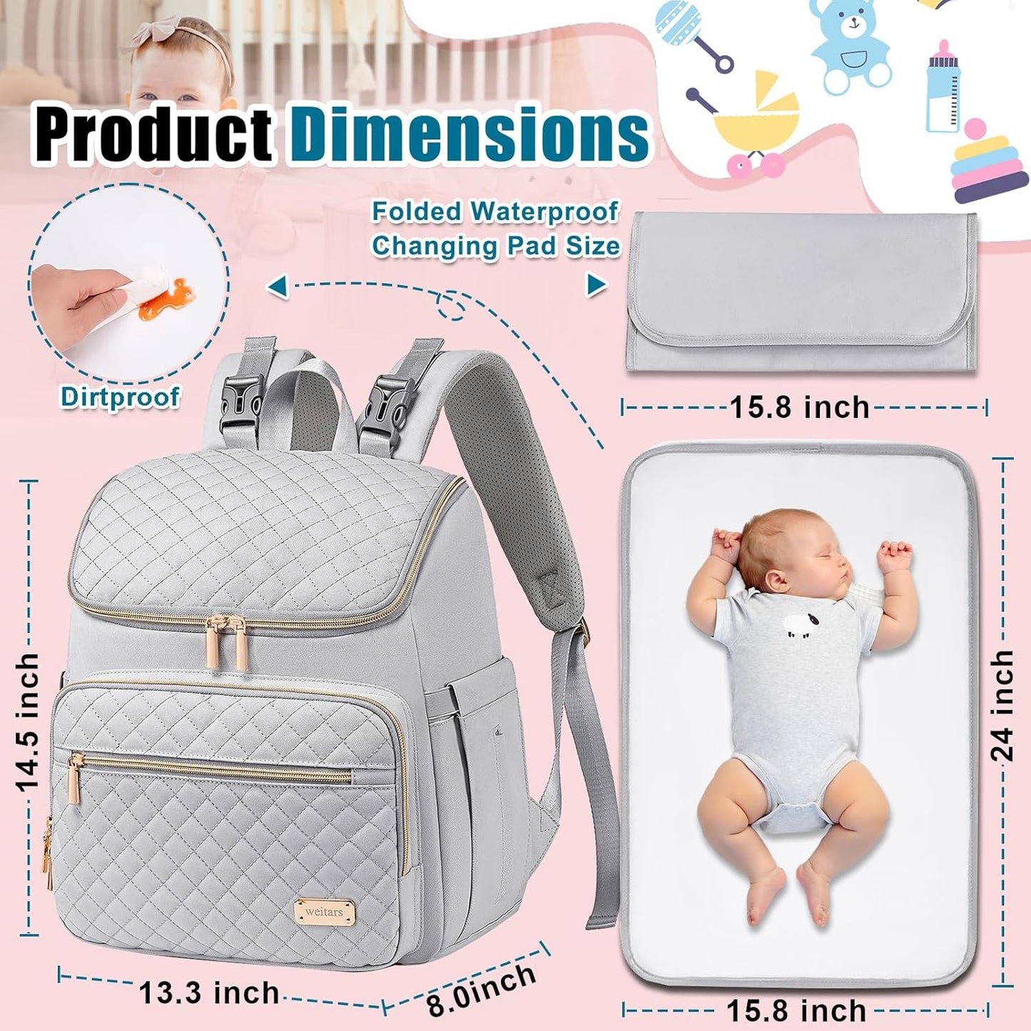 Weitars Diaper Bag Backpack Large Baby Diaper Bag with Changing Pad Travel Diaper Backpack,Baby Bag for Boys Girls,Stroller Straps,5 Insulated Pockets (Gray)