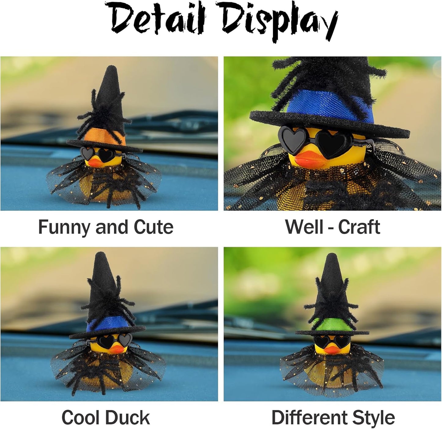 wonuu Car Dashboard Spider Witch Rubber Ducks for Halloween, Decorations Duck for Office Desk Ornament Accessories with Hat Glasses Skirt, for Halloween Party Gifts (Gold Point Skirt Green)