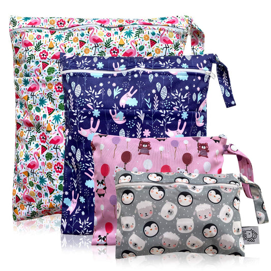 FLOCK THREE 4pcs Waterproof Wet Bag Reusable for Wet Clothes Baby Diapers Stroller Swimsuit Travel Reusable toiletries Pouch Small and Larger Electronics case 4 Pack (Windy Days)