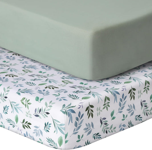 Baby Crib Sheets for Boys Girls, 2 Pack Fitted Crib Sheet for Standard Crib and Toddler Mattress, Soft Microfiber Baby Sheet 52x28x8in (Leaf & Green)